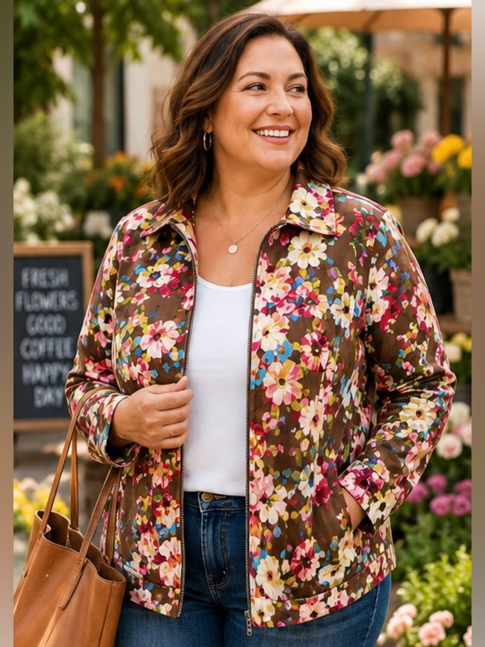 CJ Banks Stretch Floral Zip Jacket 2X Brown Pink Casual Plus Size
